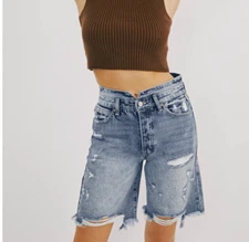 Kancan Shorts Womens 3/25 "Truly High Rise 90's Bermuda Shorts" Distressed Blue