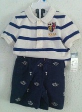 Ralph Lauren 2 pc Polo Shirt White Blue Stripe/Blue Shorts Belt Size 12M NWT