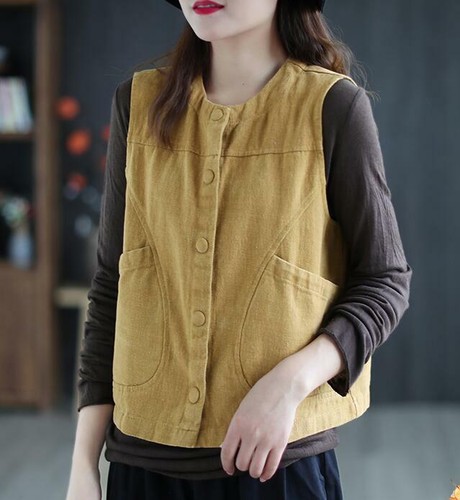 New Women Cotton Vest Casual Button sleeveless Jacket Coat Waistcoat Loose Retro - Picture 14 of 15