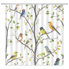 Bird Shower Curtain Spring Colorful Birds on Tree with Spring Green Leaves Fa...