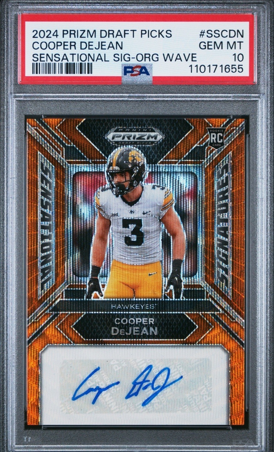2024 Panini Prizm Draft Picks Cooper DeJean RC Auto Orange Wave S/P #/75 PSA 10