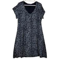 Fresh Produce Womens 1X Navy Blue White Scroll Print V-Neck A-Line Dress E248