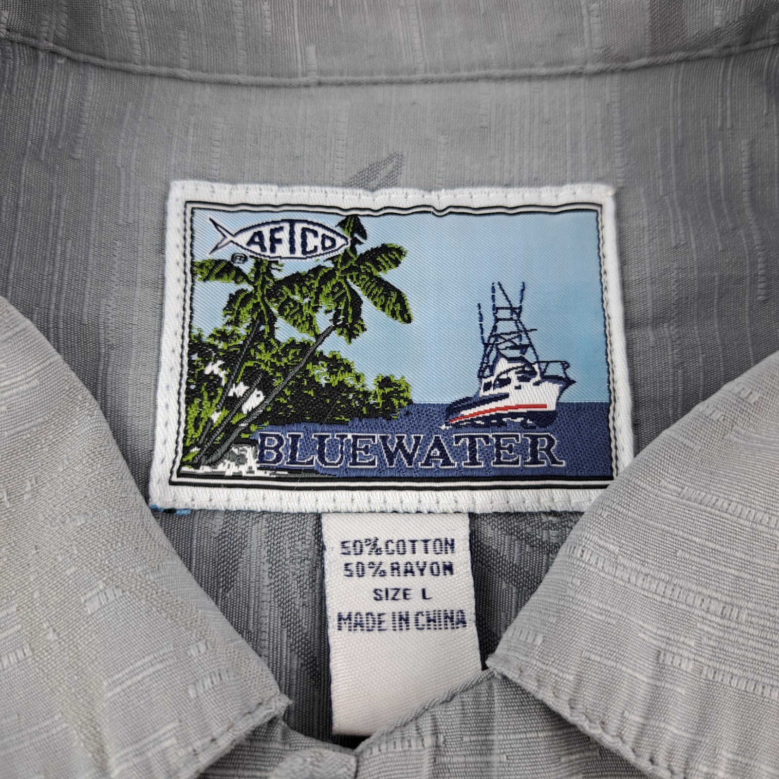 AFTCO Bluewater Hawaiian Shirt Mens Large Gray Button Up S/S Palm Trees Embossed