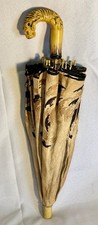 RARE Art Deco Catalin Bakelite Tiger Head Umbrella Figural Handle Silk c1930
