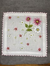 VTG Floral Ruffled Handkerchief Pink Green Yellow White 13" X 13" Hanky Hankie
