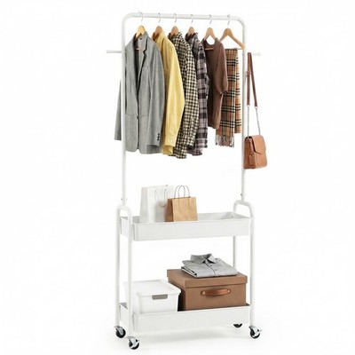 Rolling Clothes Rack w/Hanging Rod, Side Hooks, Storage Baskets, Lockable Wheels
