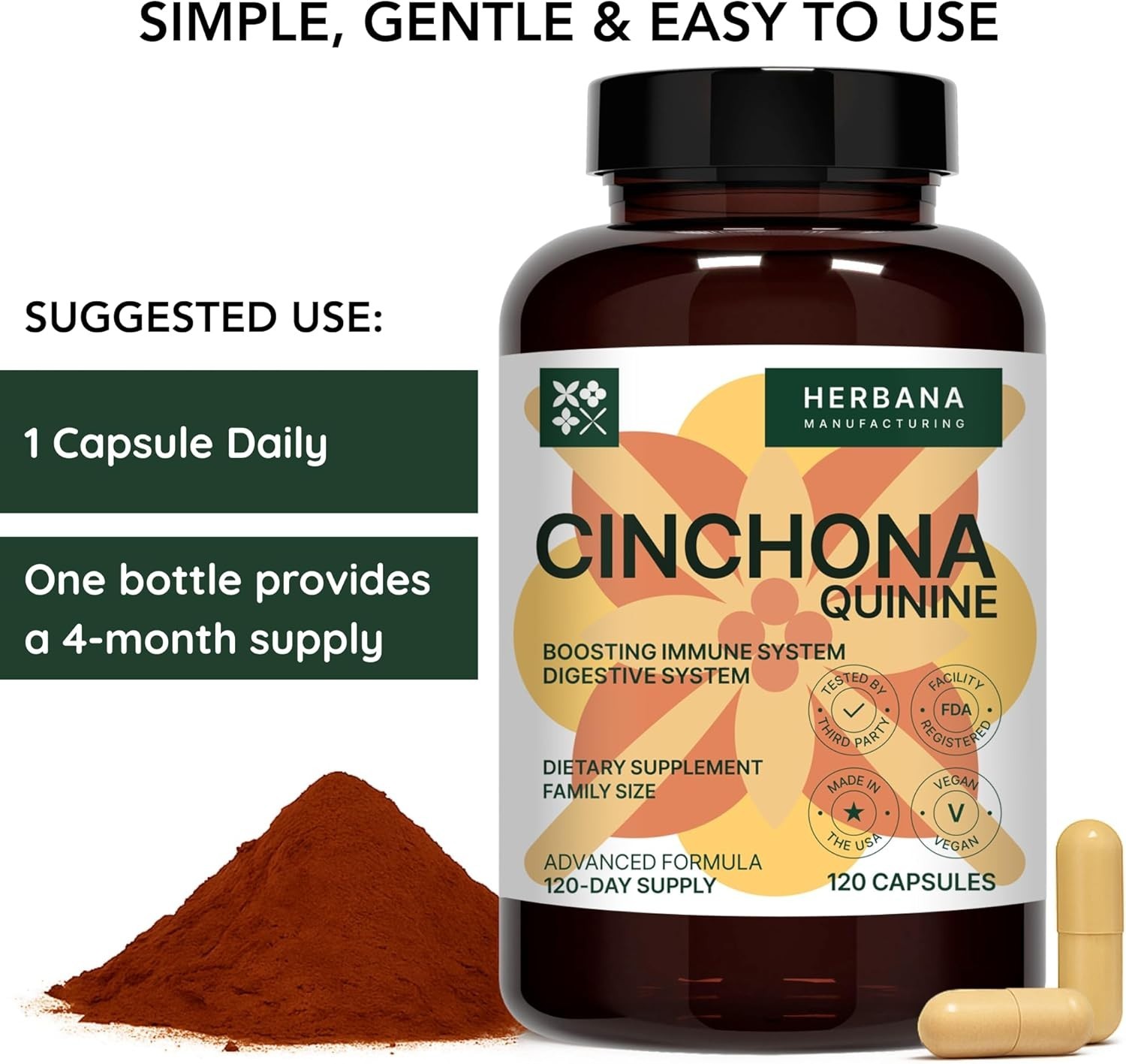 HERBANA Cinchona Officinalis Quinine ~ Potent Immune & Digestive Health - 120ct.