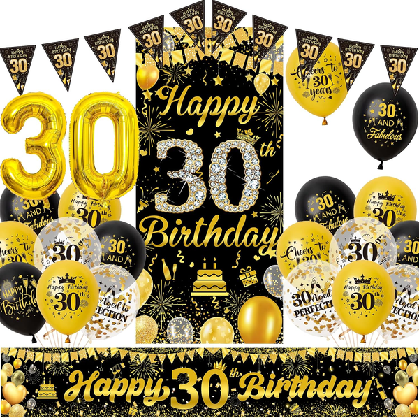 Deko 30 Geburtstag Mann Frau - Schwarz Gold 30 Jahr Geburtstagsdeko Banner Luftb-image