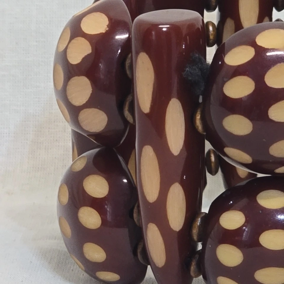 Pulsera Gruesa Cuentas Marrón Tostado Tallado Círculo Lineal Boho Western Artístico Foto 3 de 4