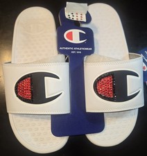 White Champion  BLING Rhinestone Super Slide Unisex Sandals Mens SIZE 9 BNWT