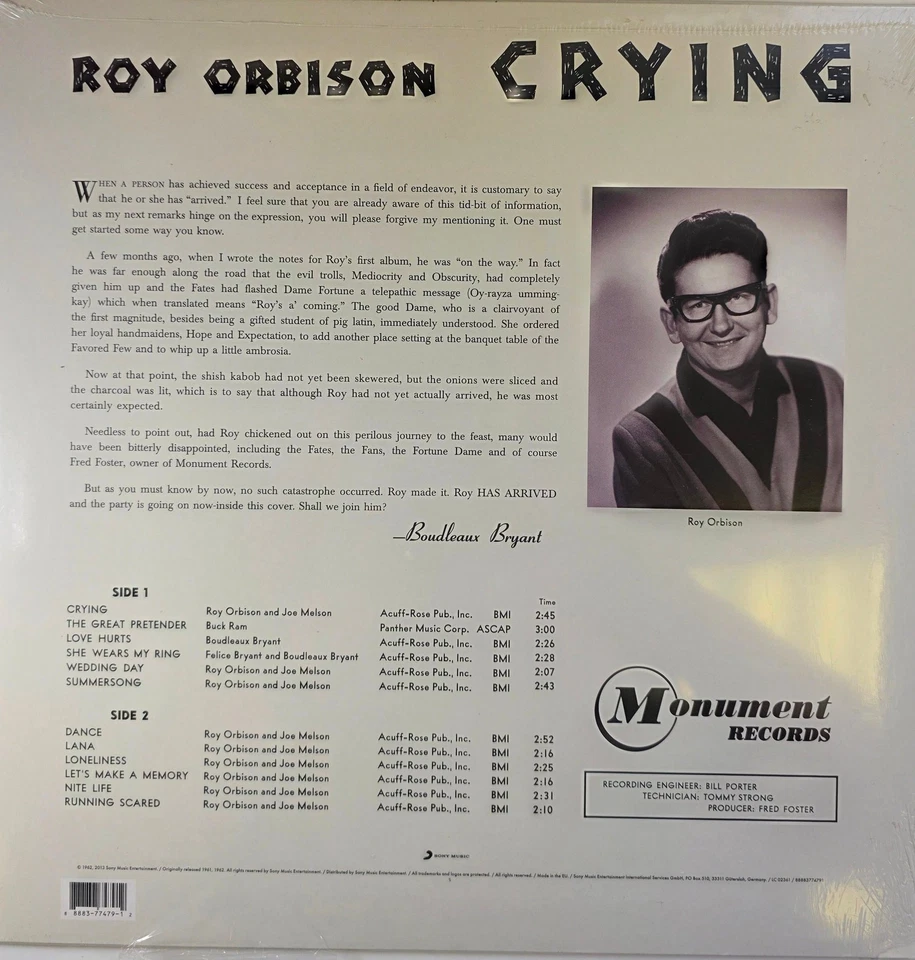 Roy Orbison Crying LP Album Vinyl Record Golden Stereo Monument Records - Image 2 of 4