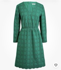 J Crew Emerald Green Eyelet Dress Women 8 100% Cotton Long Sleeve V-neck $89