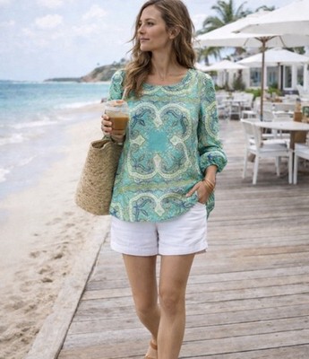  Ann Mashburn Paisley Print Tunic Blouse Aqua Green High Low Hem Sz S 