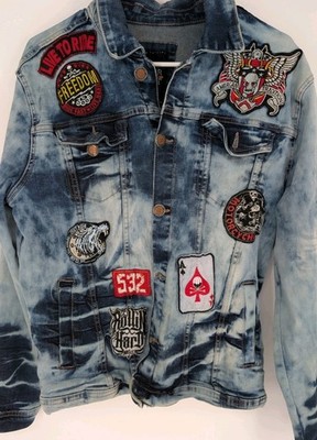 Y2K Acid Wash Denim Jacket Fits Small Patch Biker Moto Grunge Rock Men L Unisex