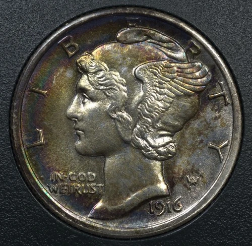 1916 ⚒️Full Split Bands⚒️ Mercury Dime 💎GEM UNC💎🌈Rainbow Toning🌈 (26-059)
