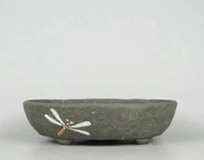 Japanese Bonsai pot ECHIZEN BUNZAN signed IROE Dragonfly Oval w7.8" *1536 9