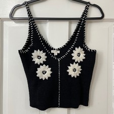 Pilcro Sleeveless V Neck Flower Icon Sweater Tank Top XS Black Festival Boho