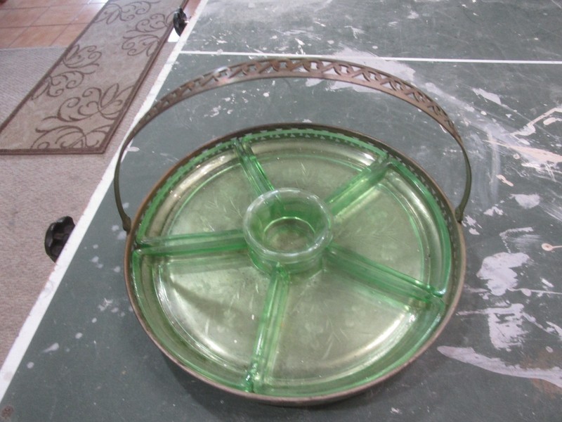 Vintage Uranium Glass 6 Part Service Tray w/ Silver Plated Metal Holder