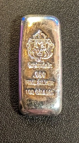 100 Gram Cast Silver Bar by Scottsdale Mint .999 Silver Bullion 100g  (3.527oz)