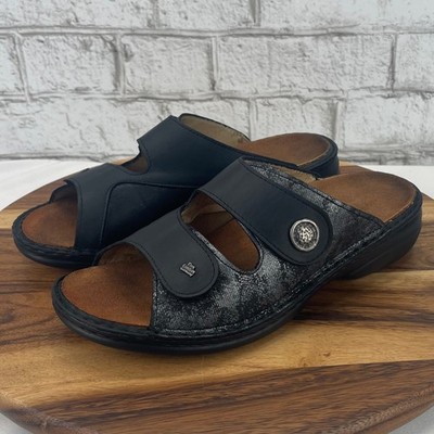 Finn Comfort Zeno Womens 10/41 Black Leather Hook & Loop Comfort Slide Sandals