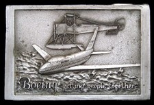 KJ02125 VINTAGE 1970s BOEING AIRCRAFT GETTING PEOPLE TOGETHER PEWTER BUCKLE