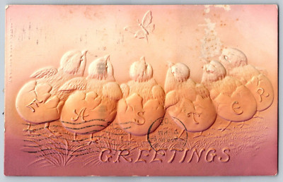 Easter Greetings  1908  New Jersey chicks hatching  Embossed + Glitter Christmas