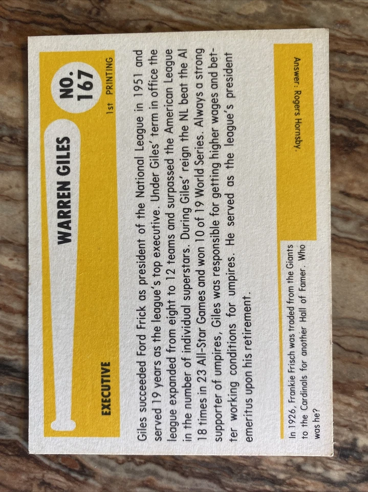 1980 TCMA Baseball Immortals - #167 - Warren Giles - National League Pres. - NM - Image 2 of 2