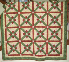 Crossroads Holiday Quilt, 64" Square, Handmade, Red, Green Gold