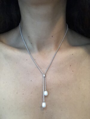 925 Double Pearl Drop Pendant Necklace Lariat