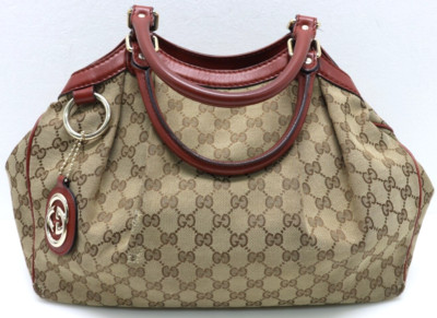 GUCCI Sukey Tote Bag GG Beige Canvas & Red Leather Lining/Handle Good Condition