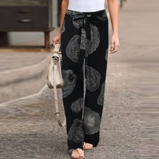 New Womens Cotton Linen Wide Leg Pants Ladies Elasticated Waist Casual Trousers