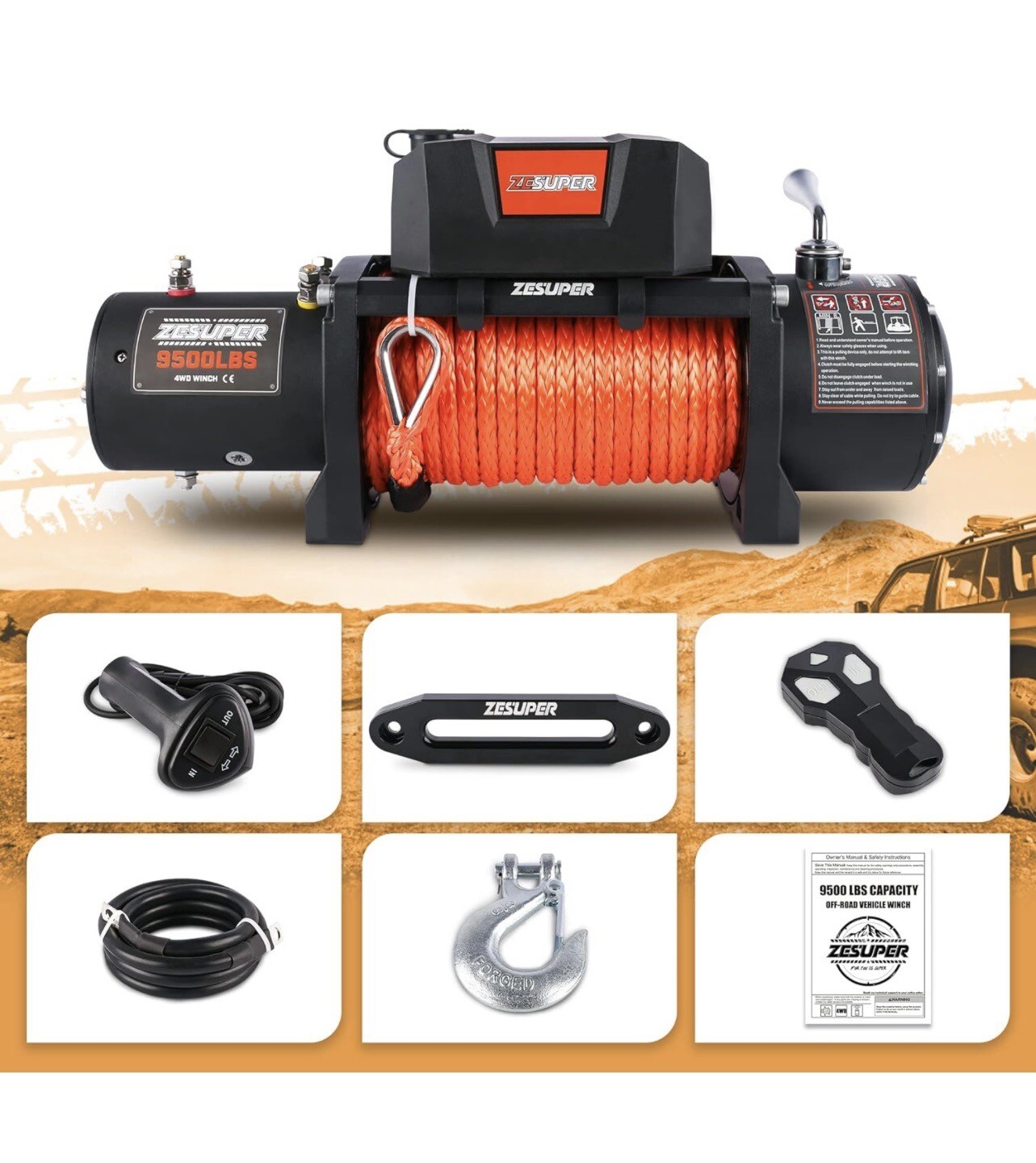 ZESUPER 9500 lbs Electric Winch Kit Waterproof IP67 Electric Winch with