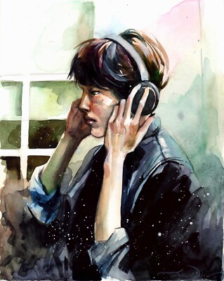 Original Watercolor Painting Asian Guy Portrait Man with Headphones Wall Art