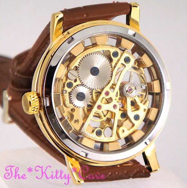 Montre Mécanique Squelette GOER Steampunk - Cadran Doré/ Noir, Boîtier 40mm, Cuir Marron, Neuve