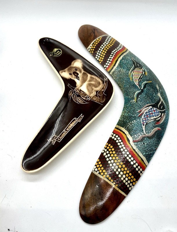 Little Sydney Pottery Boomerang Hanging Tray/ Yarramunua Dreaming Wood Australia