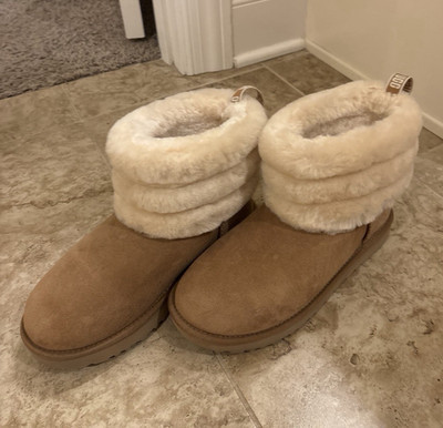 UGG Classic Mini Fluff Suede Sheepskin Lined Ankle Bootie Brown US 7