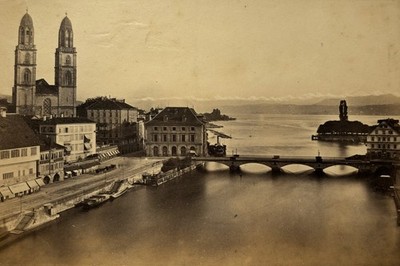 Schweiz, Zürich, Dom Grossmünster, Limmat, Fluss & See, 1870