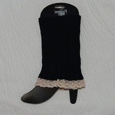 Women's Cable Knit Footless Knee High Leg Warmers Black Ivory Lace 1 Pair