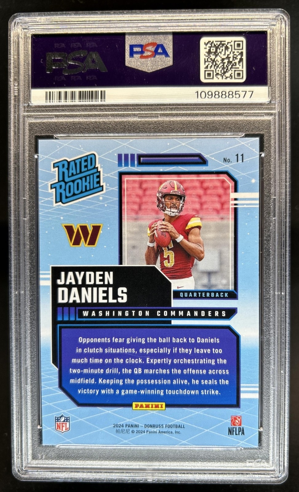 2024 Panini Donruss Jayden Daniels Retro Rated Rookie #11 Commanders PSA 9 view 2