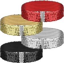 4 Pcs Glitter Sequin Belt, Wide Waist Elastic Belt Disco 70s 80s Metal Buckle Be