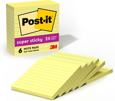 Super Sticky Lined Notes, 6 Sticky Note Pads, 4 X 4 In., Ideal for Organization