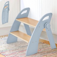 Wooden 2 Step Stool for Toddlers, Foldable 2-Step with Non-Slip Pads and Handles