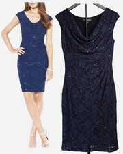 Lauren Ralph Lauren Size 8 Dress Navy Blue Sequin Cowl Neck Lace Sheath Cocktail