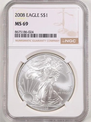 2008 1oz Silver American Eagle MS69 NGC 8675186-024