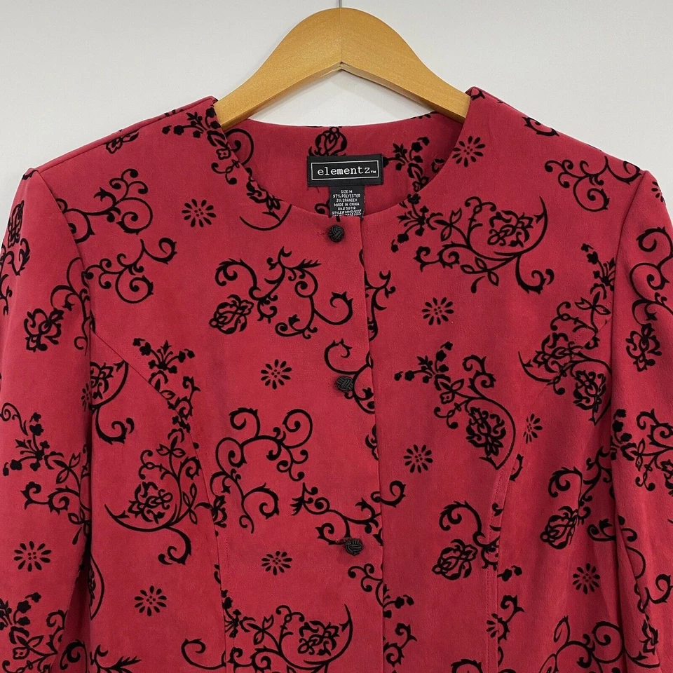 Elementz Womens Blazer Medium Red Black Button Up Stretch Floral Print Jacket - Image 2 of 4