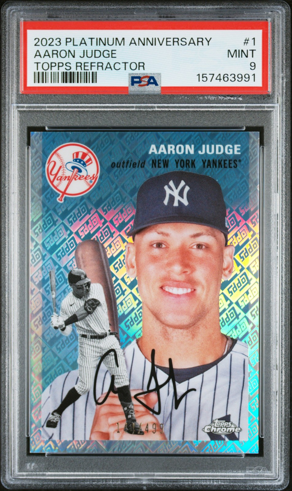 2023 TOPPS CHROME PLATINUM ANNIVERSARY TOPPS REFRACTOR AARON JUDGE 144/499 PSA 9 view 1