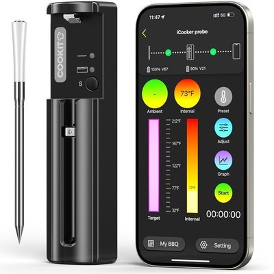 800 Fuß Intelligentes kabelloses Fleischthermometer mit 5,5 mm ultradünner Sonde, Bluetooth 5.3