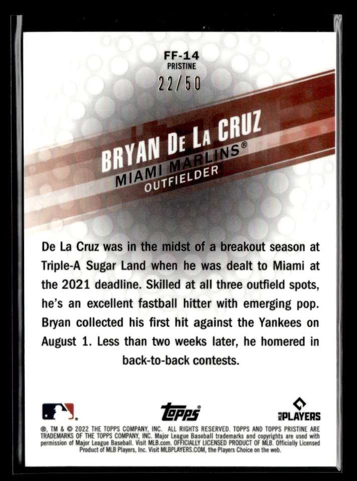 Bryan De La Cruz #'d /50 RC - 2022 Topps Pristine Fresh Faces Gold Refractor SP - Image 2 of 2