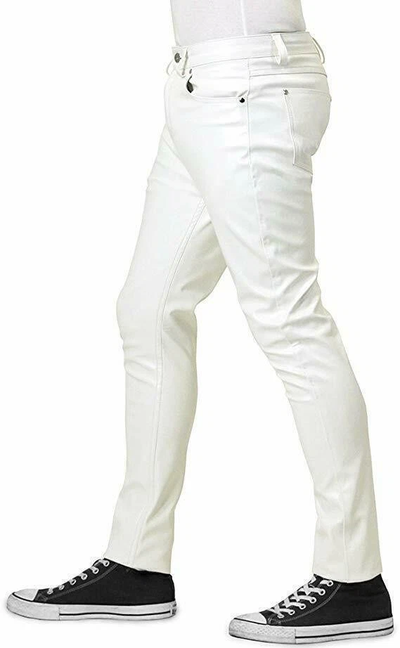 Men's Genuine White Lambskin Leather Bikers Pant 5 Pockets Jeans Style