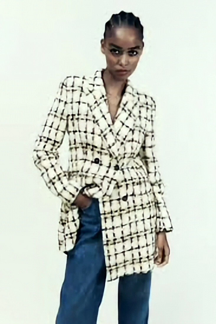 ZARA LONG TEXTURED CHECK BLAZER TAUPE BROWN SIZES M u0026 L BNWT | eBay